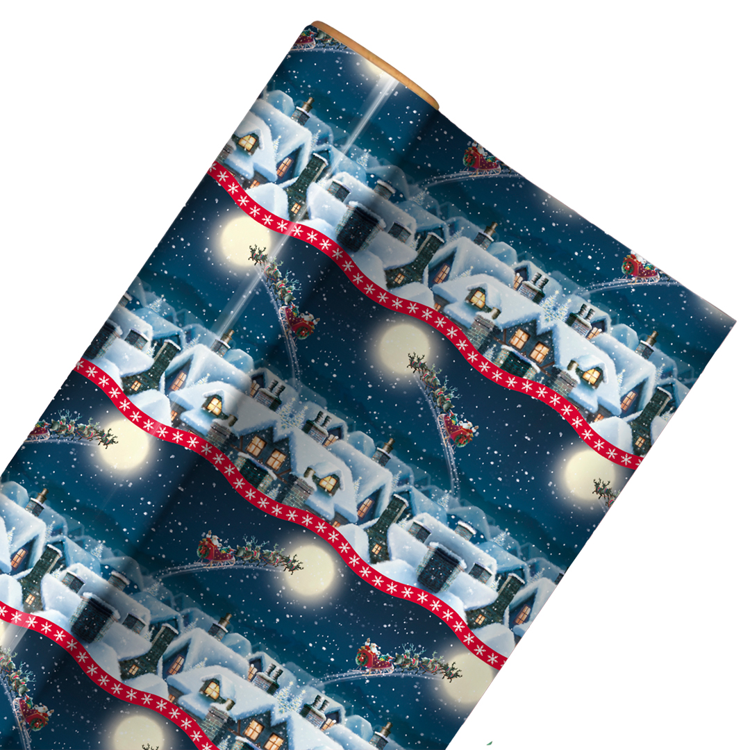 Traditional Santa's Sleigh Scene Christmas Blue Gift Wrapping Paper Roll 7m Product Gallery Image