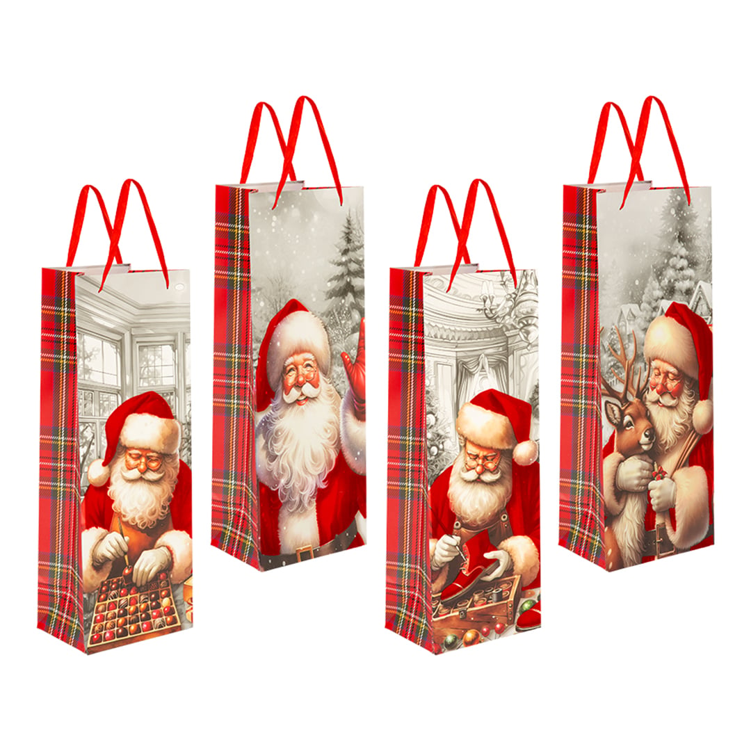 Traditional Santa Claus & Tartan Flocked Christmas Bottle Gift Bag 35cm