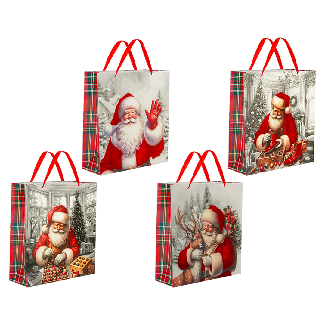 Traditional Santa Claus & Tartan Flocked Christmas Medium Gift Bag 25cm