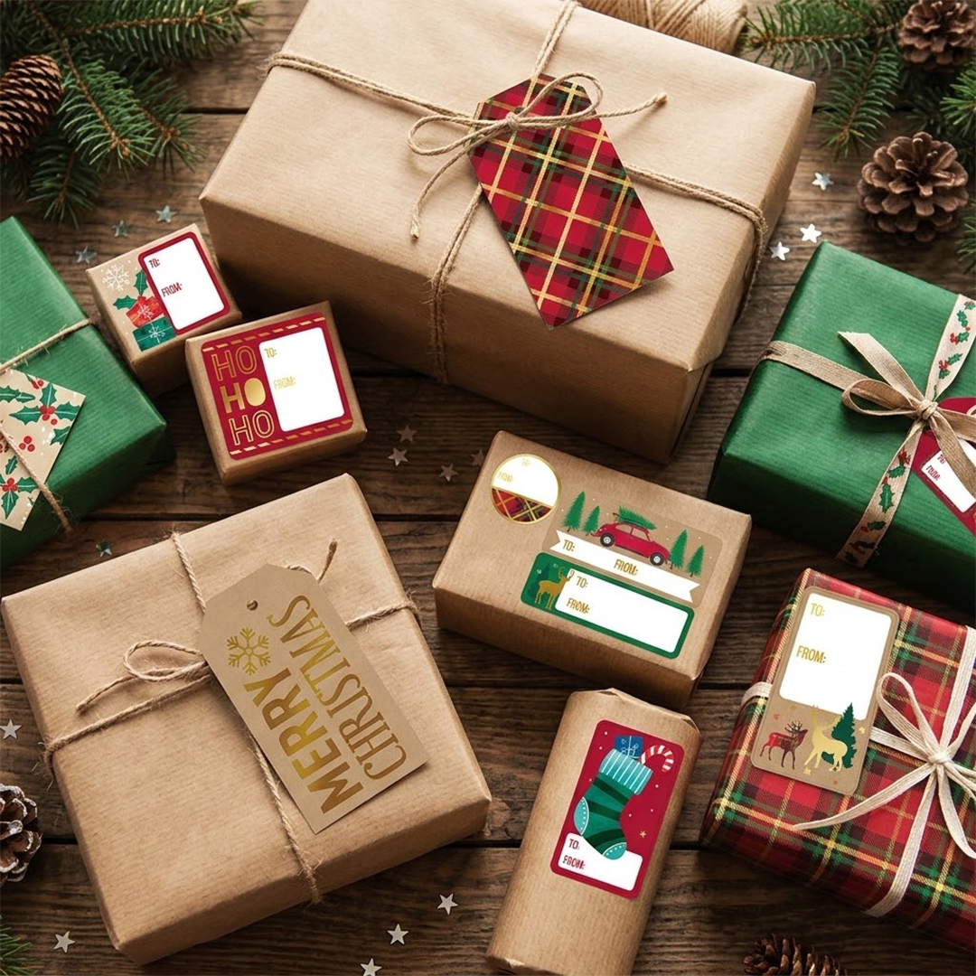 Traditional Tartan Christmas Gift Tags & Label Stickers - Pack of 55 View 2