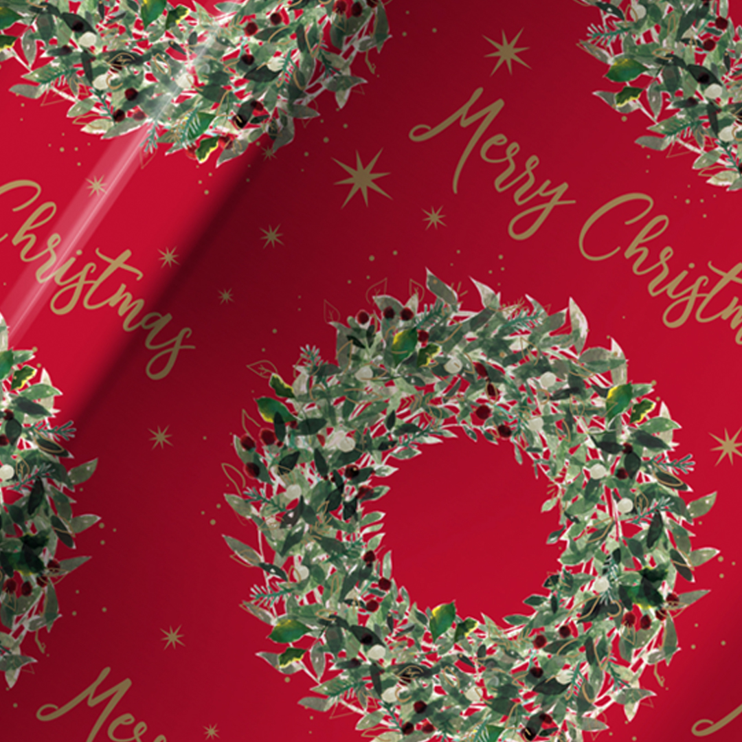 Traditional Wreath Christmas Red Gift Wrapping Paper Roll 4m Product Gallery Image