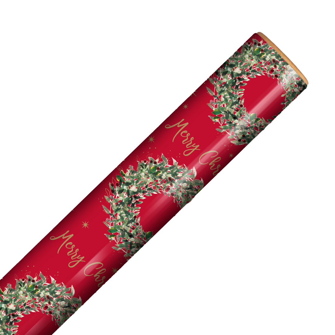 Traditional Wreath Christmas Red Gift Wrapping Paper Roll 4m Product Gallery Image