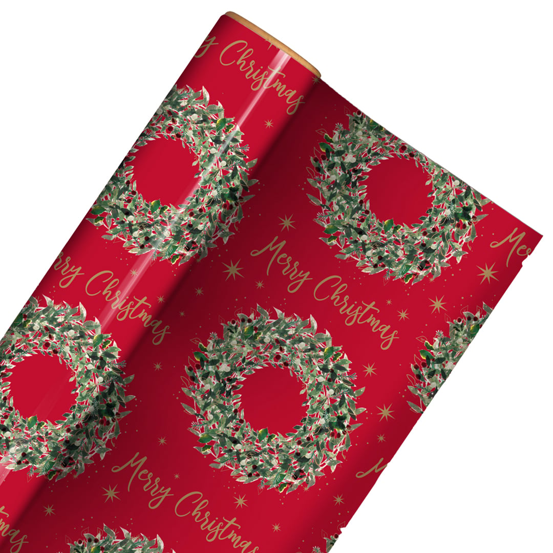 Traditional Wreath Christmas Red Gift Wrapping Paper Roll 4m Product Gallery Image