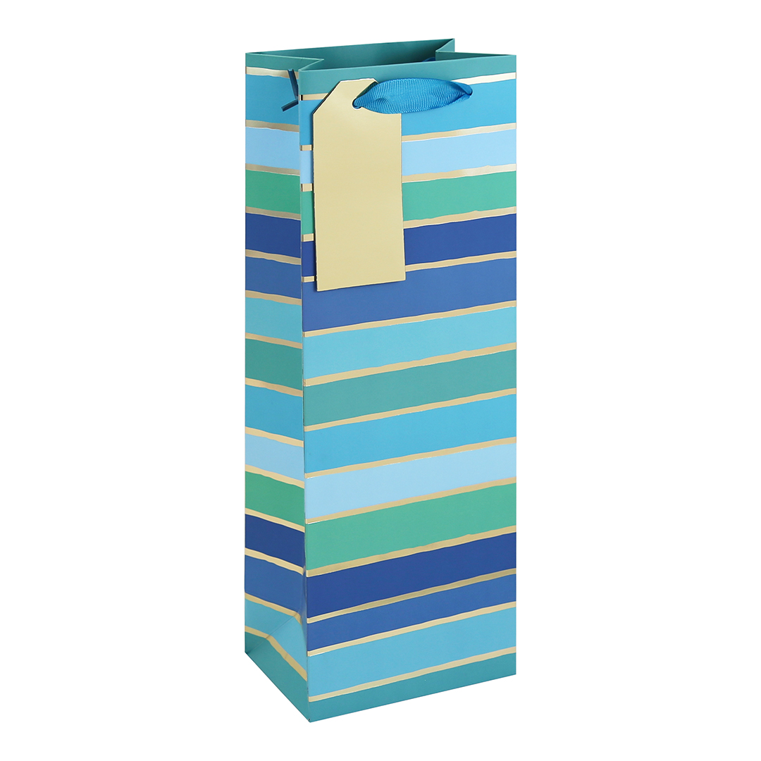 Turquoise Green & Blue Stripes Bottle Gift Bag 35cm
