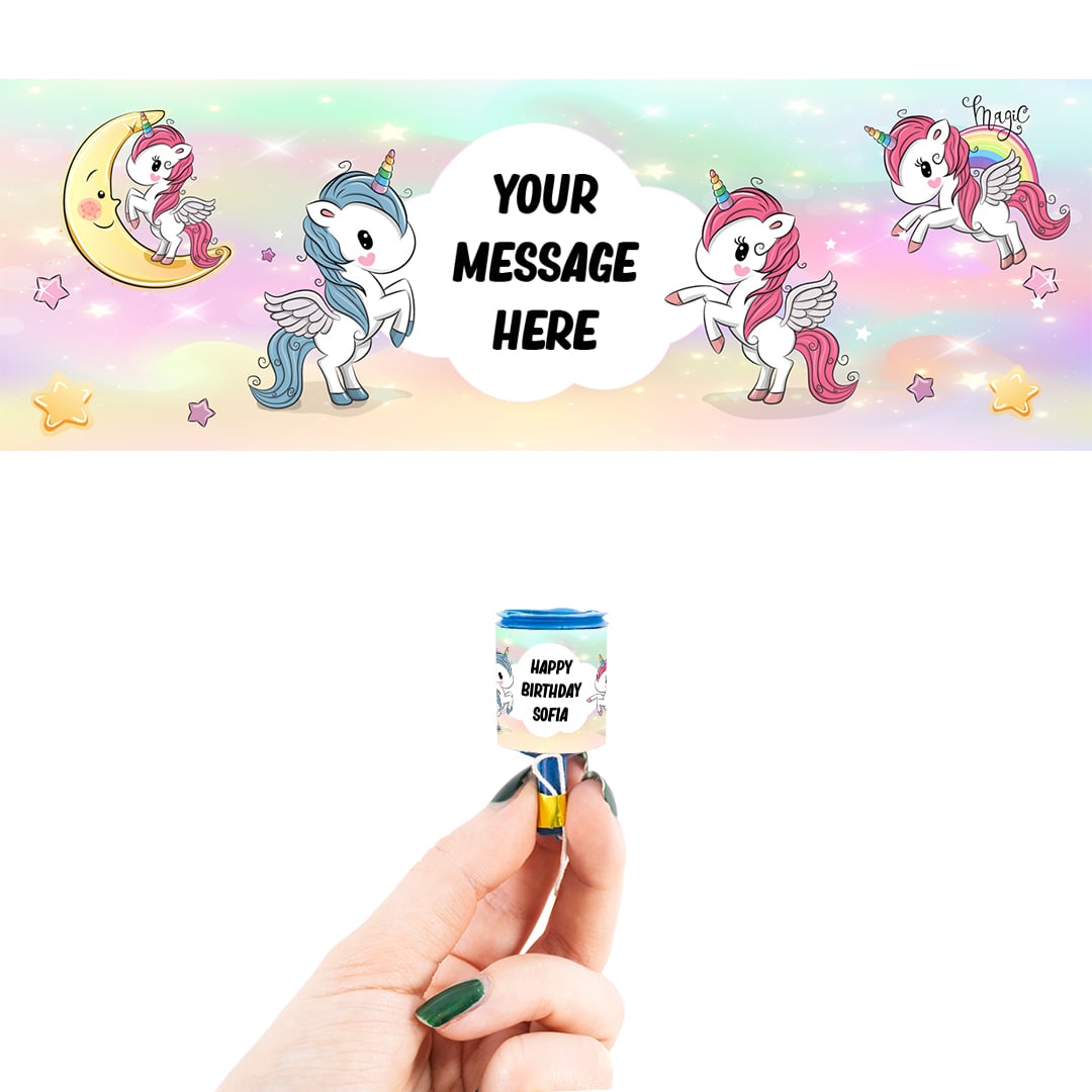 Unicorn Personalised Party Popper Packaging Label Stickers 9cm - Sheet of 16