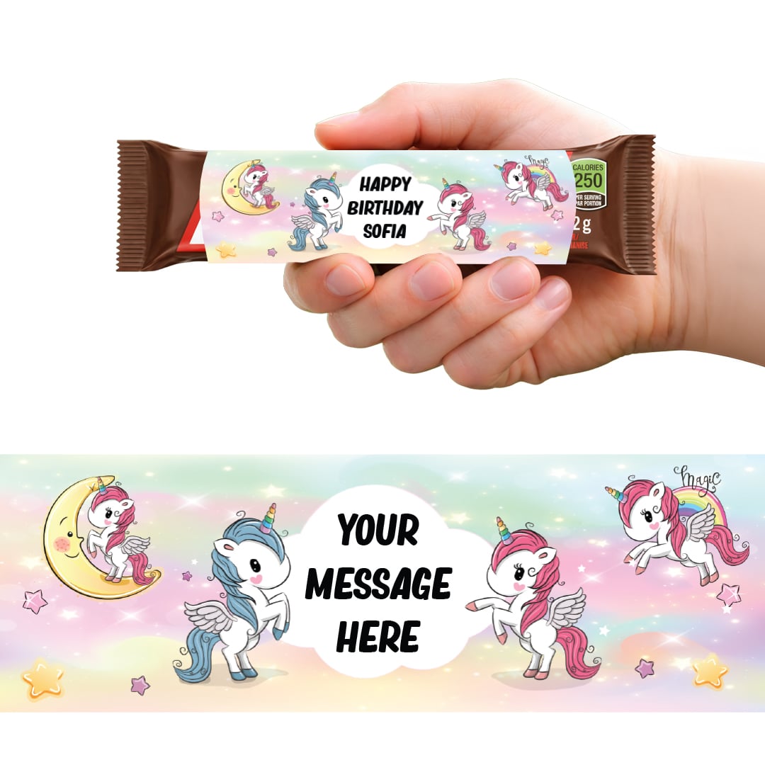 Unicorn Personalised Sweet Chocolate Bar Packaging Label Stickers 9.1cm - Sheet of 16