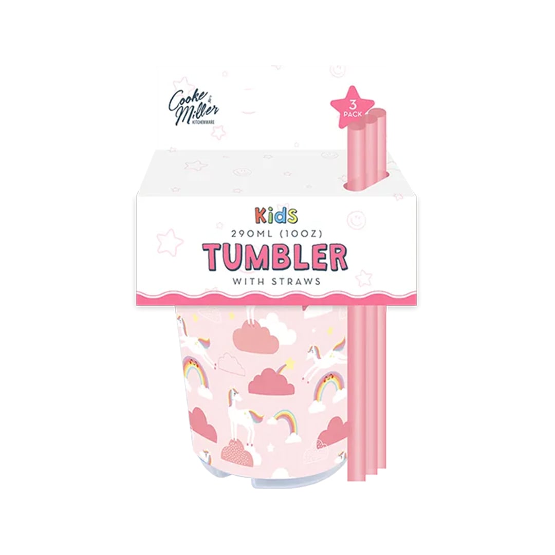 Unicorn Reusable Plastic Tumblers 290ml with Straws - Pack of 3