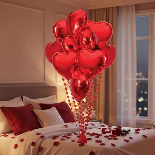 Valentine's Red Love Heart Helium Foil Balloon Bundle with Streamers - Pack of 12