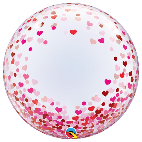 Valentine's Red & Pink Confetti Hearts Deco Bubble Helium Qualatex Balloon 61cm / 24 in Product Image