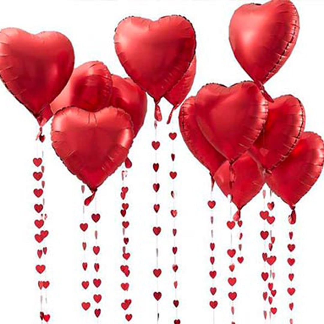 Valentine's Red Love Heart Helium Foil Balloon Bundle with Streamers - Pack of 12 Product Gallery Image