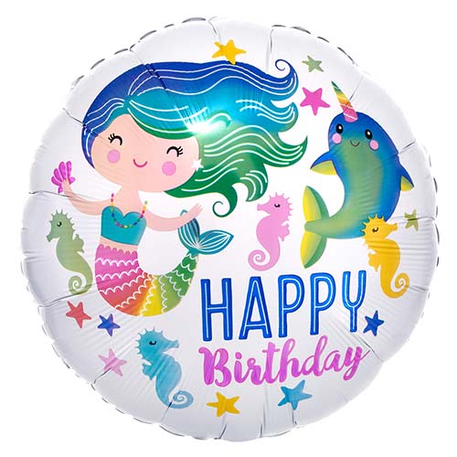 Vibrant Mermaid & Sea Creatures Happy Birthday Round Foil Helium Balloon 43cm / 17 in Product Gallery Image
