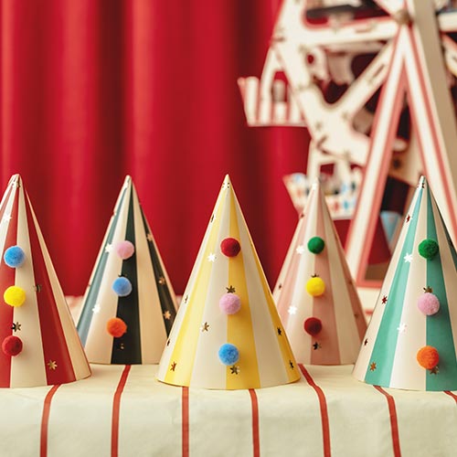 Vibrant Striped Paper Party Hats with Pom Poms - Pack of 6 Product Gallery Image