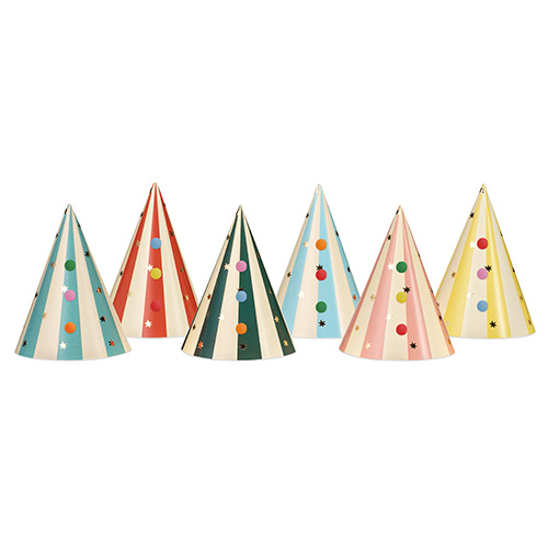 Vibrant Striped Paper Party Hats with Pom Poms - Pack of 6 Product Gallery Image