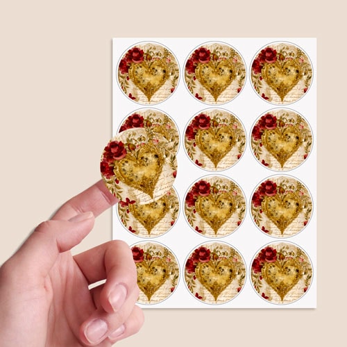 Vintage Gold Heart Round Stickers 60mm - Sheet of 12 Product Gallery Image