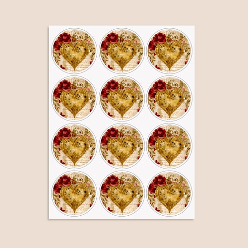 Vintage Gold Heart Round Stickers 60mm - Sheet of 12 Product Gallery Image