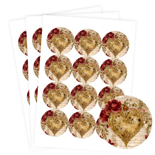 Vintage Gold Heart Round Stickers 60mm - Sheet of 12 Product Gallery Image