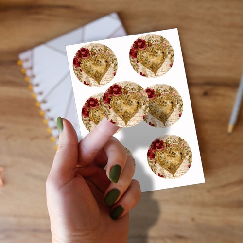 Vintage Gold Heart Round Stickers 88mm - Sheet of 6 Product Gallery Image