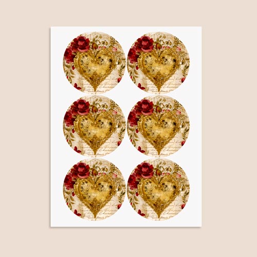 Vintage Gold Heart Round Stickers 88mm - Sheet of 6 Product Gallery Image