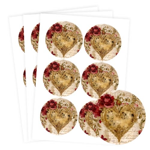 Vintage Gold Heart Round Stickers 88mm - Sheet of 6 Product Gallery Image