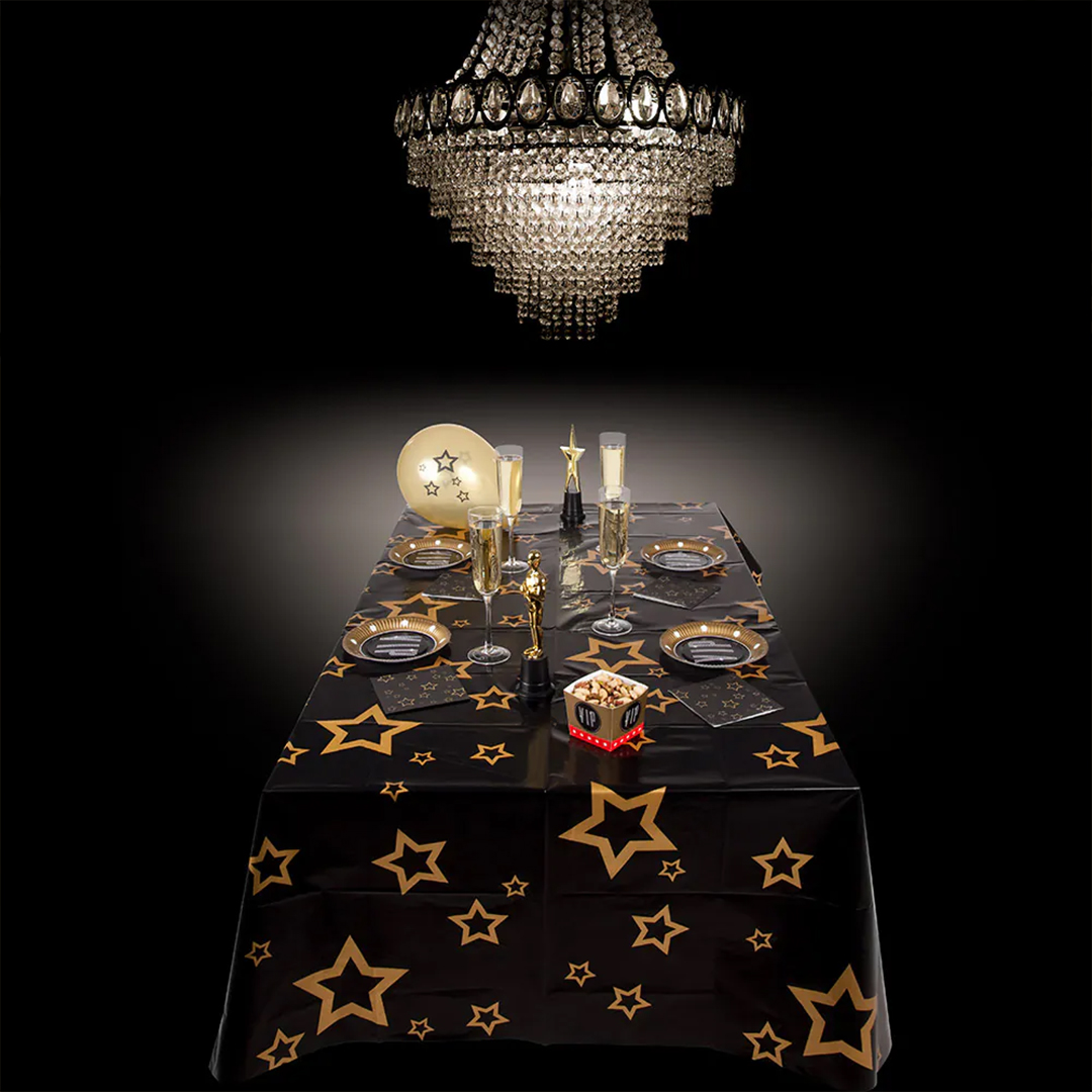 VIP Gold Stars Printed Black Plastic Tablecover 180cm x 130cm