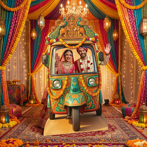 Wedding Auto Rickshaw Backdrop Stand In Cardboard Cutout 135cm Product Gallery Image