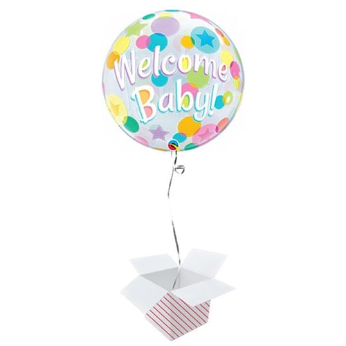Welcome Baby Colourful Dots Baby Shower Bubble Helium Qualatex Balloon - Inflated Balloon in a Box Product Image
