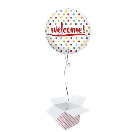 Welcome Dots Holographic Round Foil Helium Balloon - Inflated Balloon in a Box