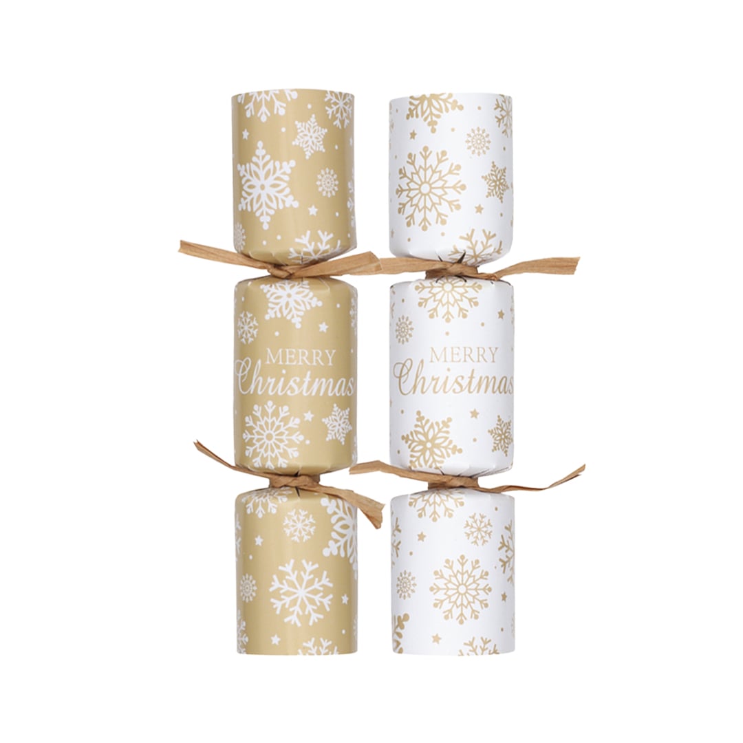 White & Gold Snowflakes Mini Christmas Tree Crackers 15cm / 6 in - Pack of 6