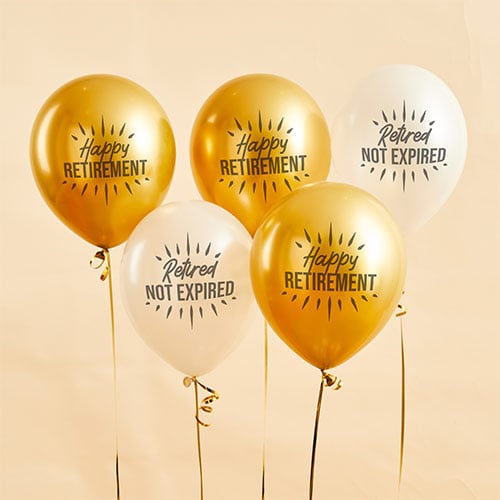 White & Metallic Gold Happy Retirement Latex Balloons 30cm / 12 in - Pack of 5 Product Gallery Image