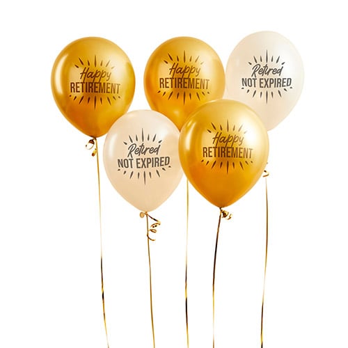 White & Metallic Gold Happy Retirement Latex Balloons 30cm / 12 in - Pack of 5