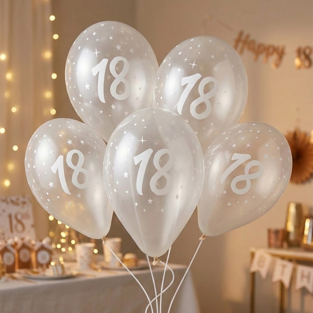 White 18th Birthday Print on Crystal Clear Latex Balloon 33cm / 13 in - Single View 2