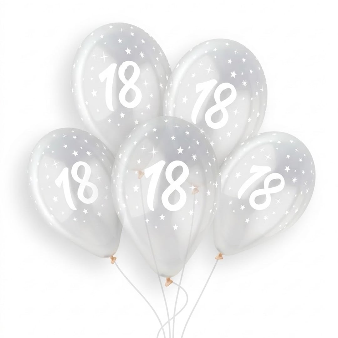 White 18th Birthday Print on Crystal Clear Latex Balloon 33cm / 13 in - Single View 3