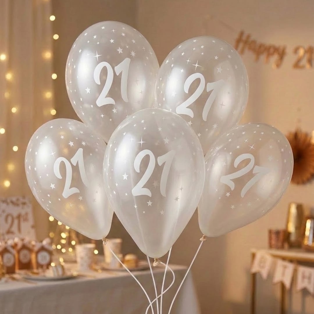White 21st Birthday Print on Crystal Clear Latex Balloon 33cm / 13 in - Single View 2