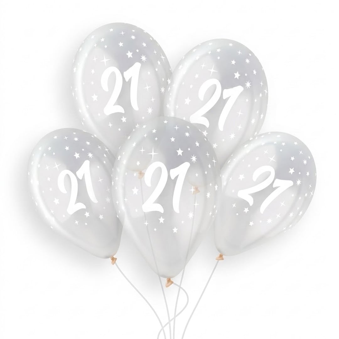 White 21st Birthday Print on Crystal Clear Latex Balloon 33cm / 13 in - Single View 3