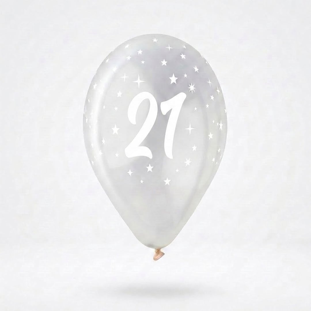 White 21st Birthday Print on Crystal Clear Latex Balloon 33cm / 13 in - Single