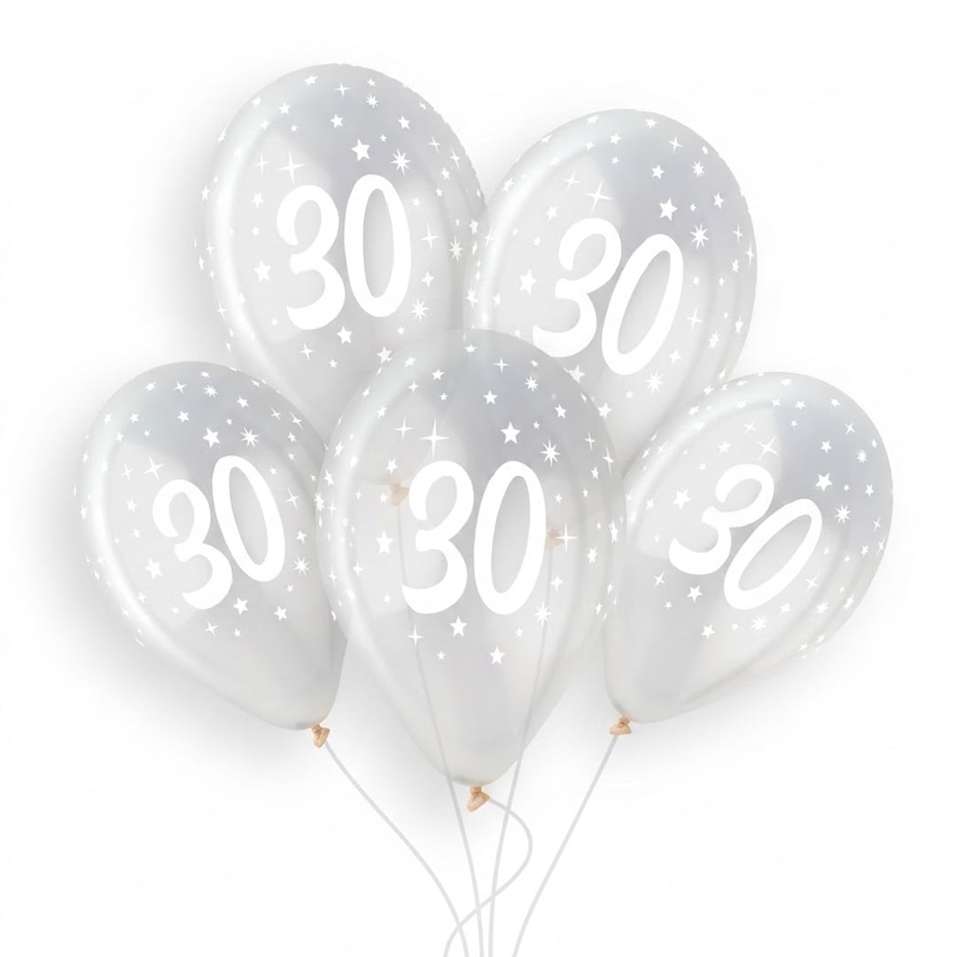 White 30th Birthday Print on Crystal Clear Latex Balloon 33cm / 13 in - Single View 3