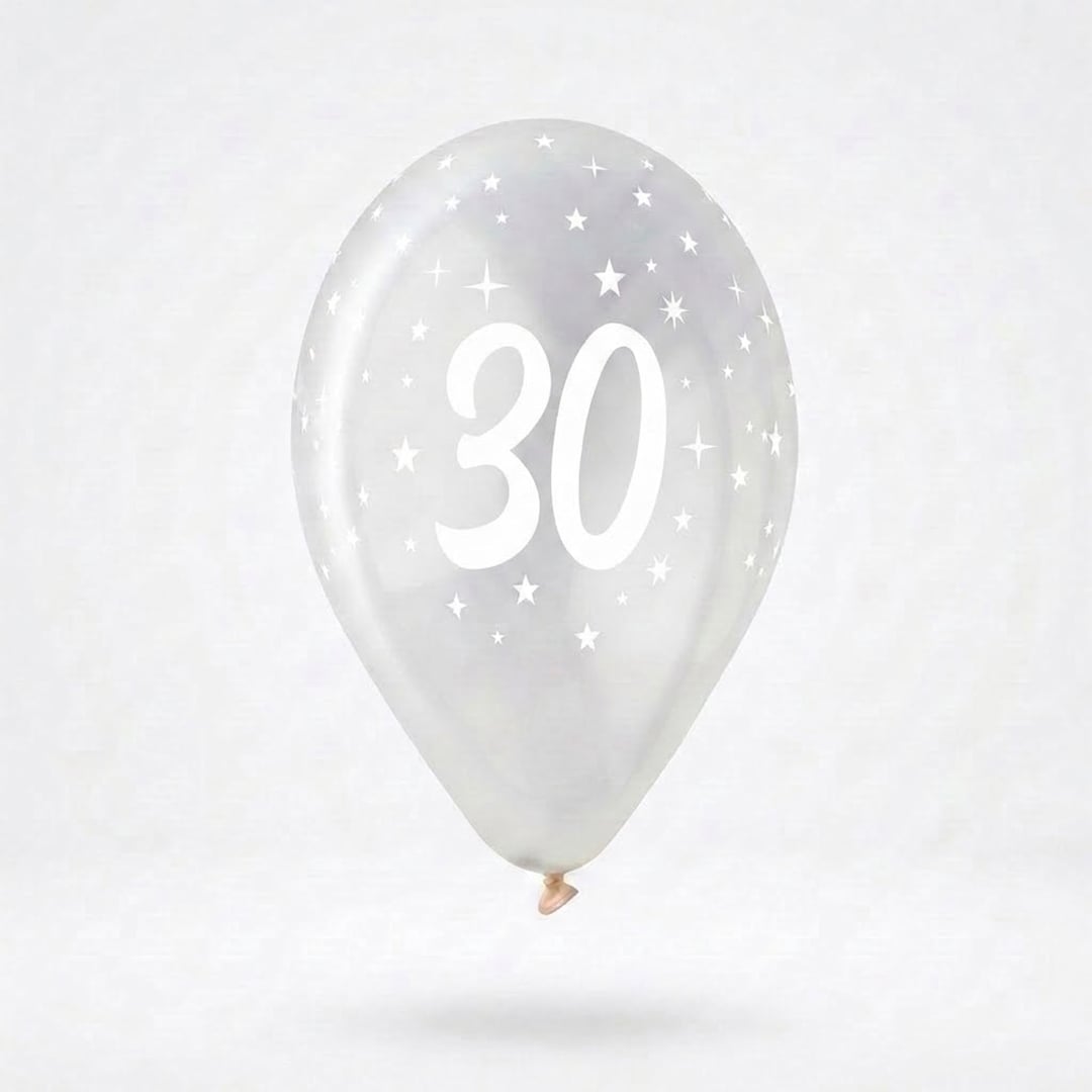 White 30th Birthday Print on Crystal Clear Latex Balloon 33cm / 13 in - Single