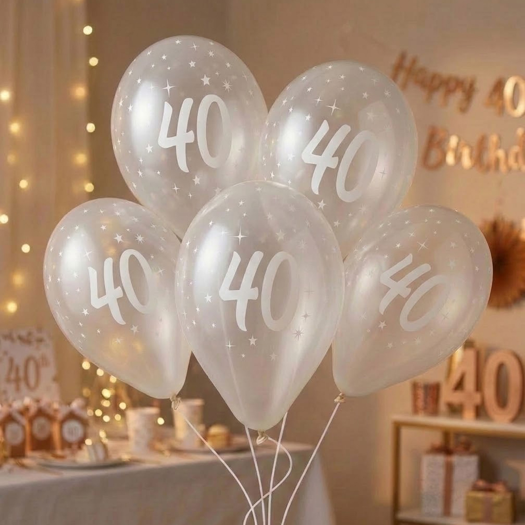 White 40th Birthday Print on Crystal Clear Latex Balloon 33cm / 13 in - Single View 2