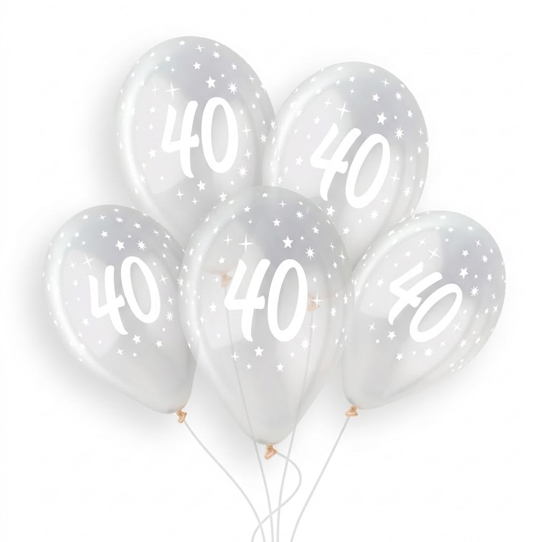 White 40th Birthday Print on Crystal Clear Latex Balloon 33cm / 13 in - Single View 3