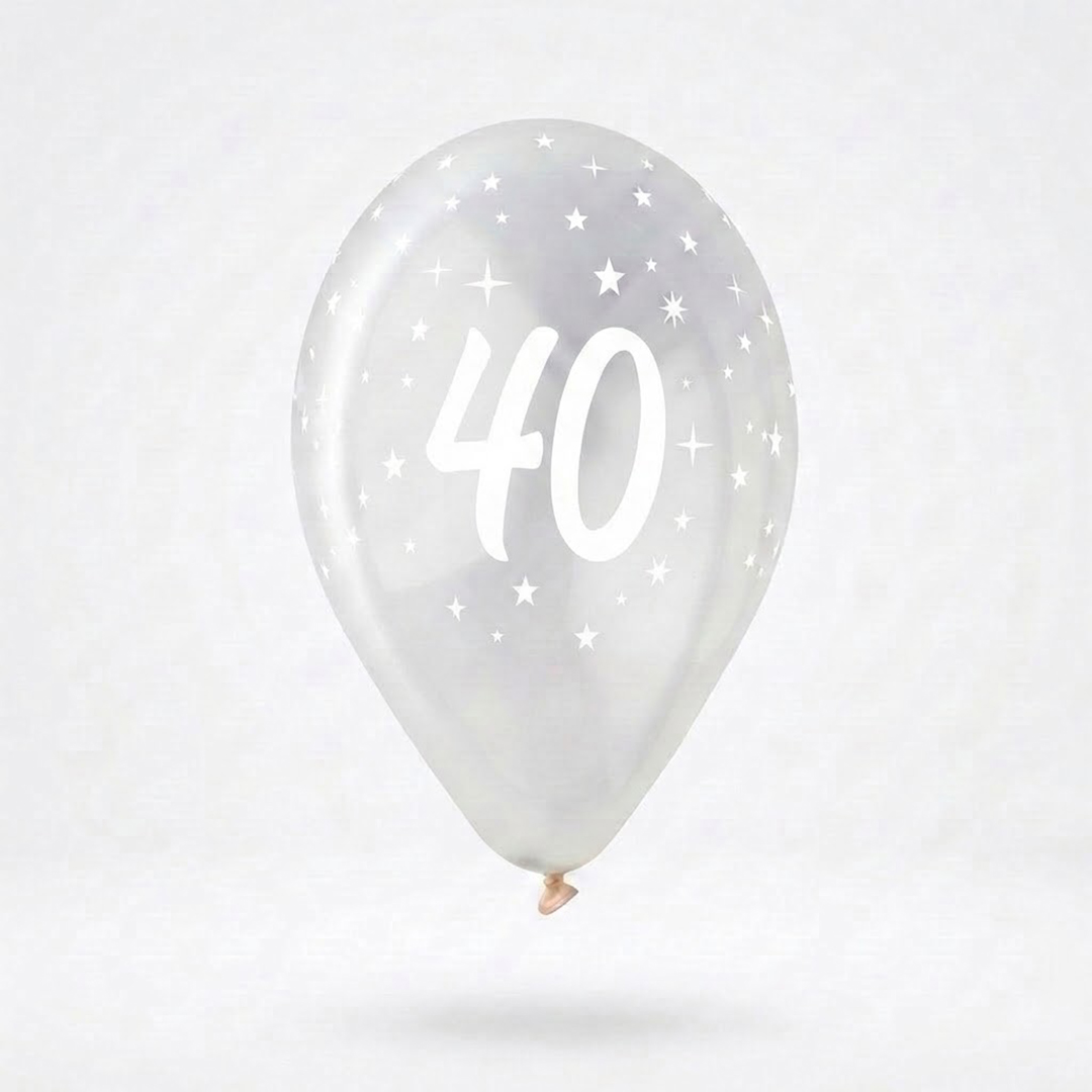White 40th Birthday Print on Crystal Clear Latex Balloon 33cm / 13 in - Single