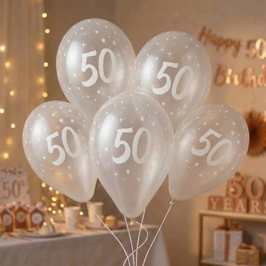 White 50th Birthday Print on Crystal Clear Latex Balloon 33cm / 13 in - Single View 2