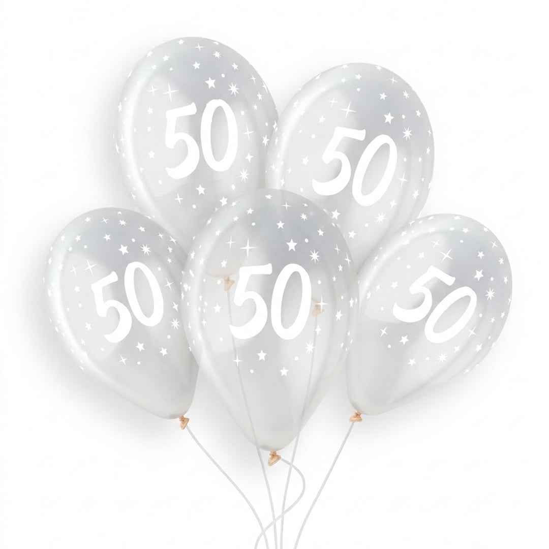 White 50th Birthday Print on Crystal Clear Latex Balloon 33cm / 13 in - Single View 3