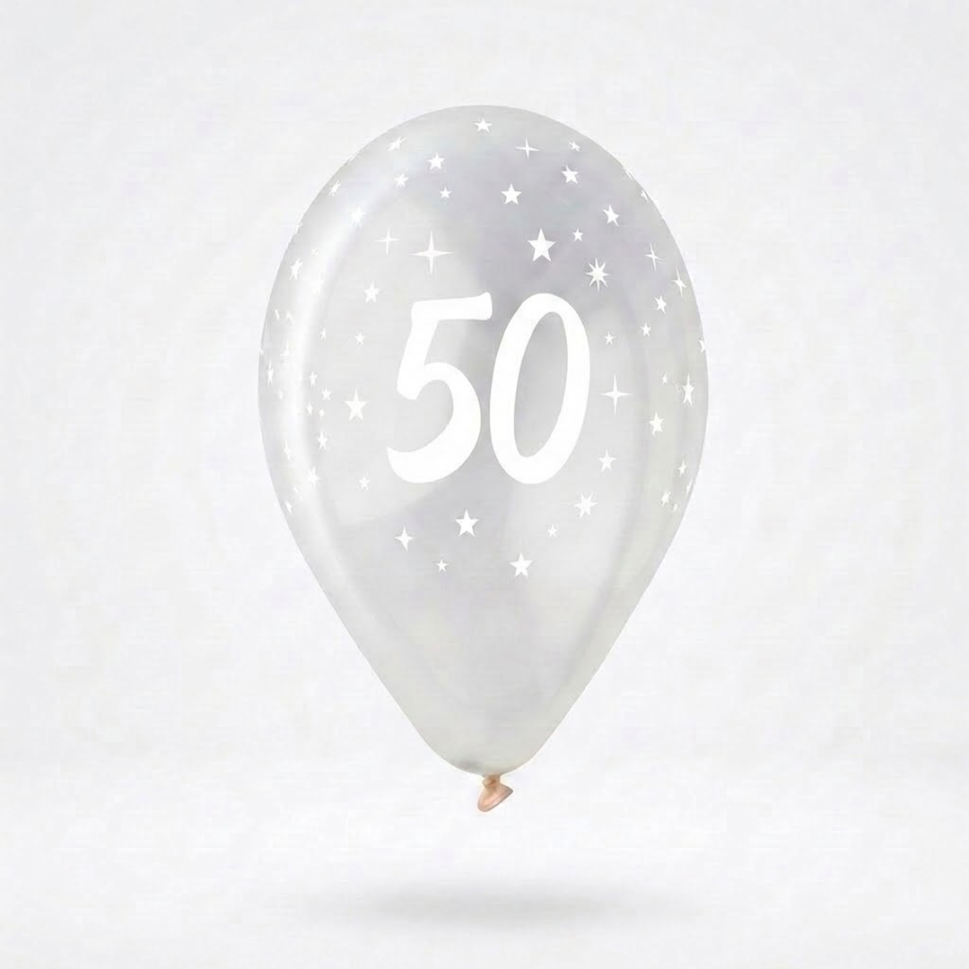 White 50th Birthday Print on Crystal Clear Latex Balloon 33cm / 13 in - Single