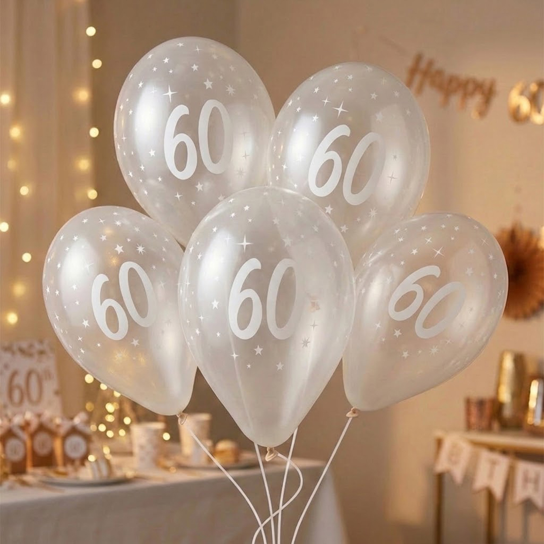 White 60th Birthday Print on Crystal Clear Latex Balloon 33cm / 13 in - Single View 2