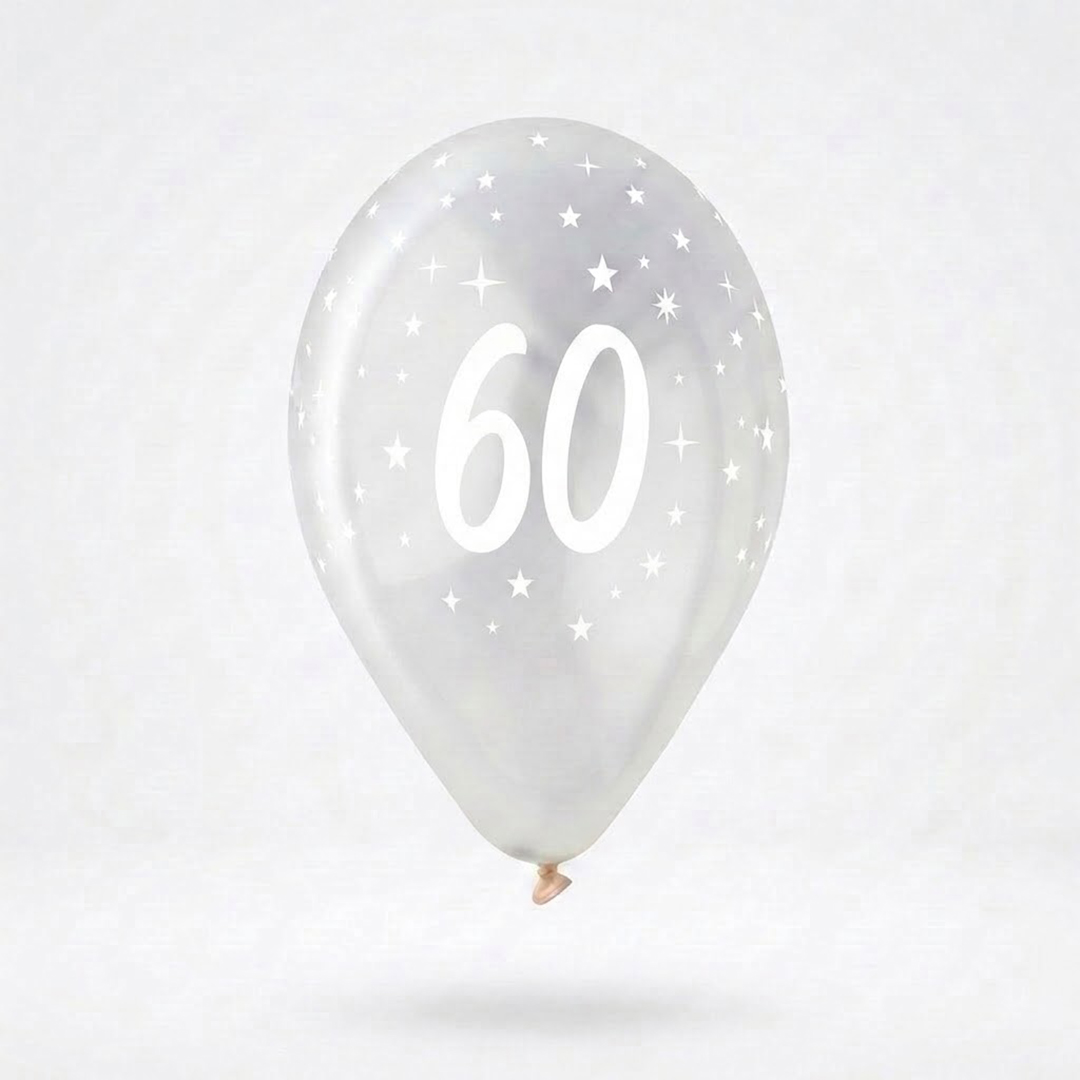 White 60th Birthday Print on Crystal Clear Latex Balloon 33cm / 13 in - Single