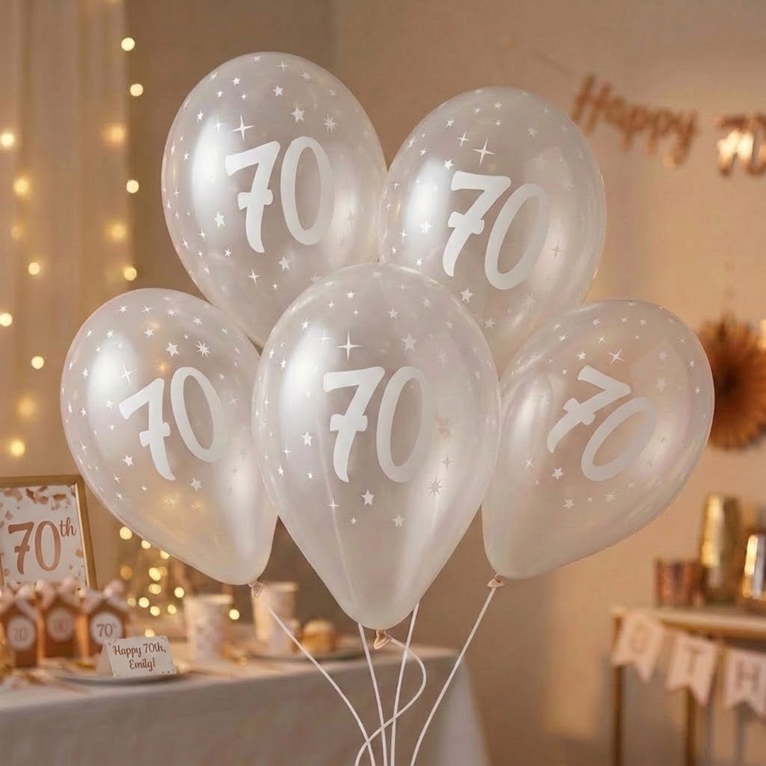 White 70th Birthday Print on Crystal Clear Latex Balloon 33cm / 13 in - Single View 2