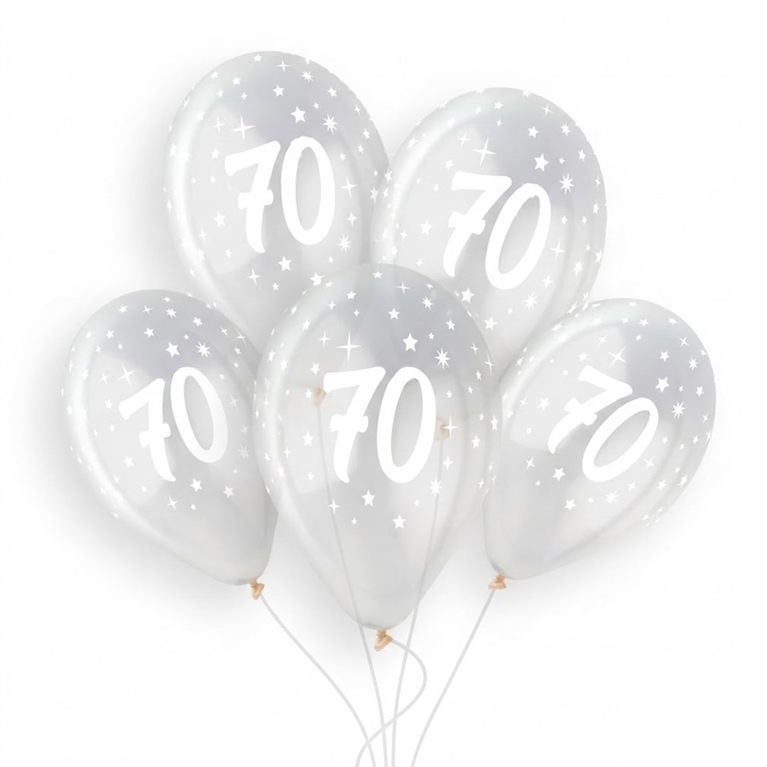 White 70th Birthday Print on Crystal Clear Latex Balloon 33cm / 13 in - Single View 3