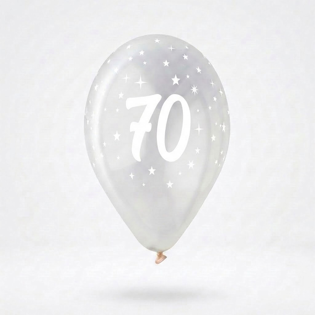 White 70th Birthday Print on Crystal Clear Latex Balloon 33cm / 13 in - Single
