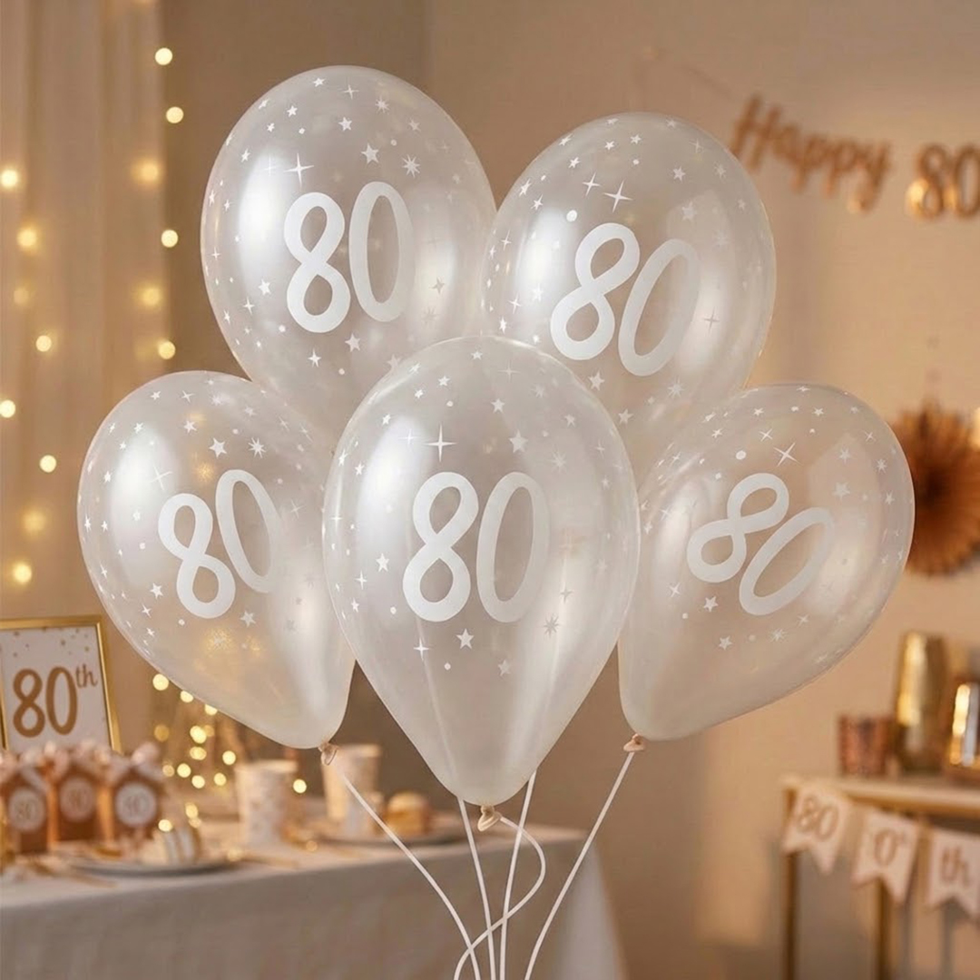 White 80th Birthday Print on Crystal Clear Latex Balloon 33cm / 13 in - Single View 2