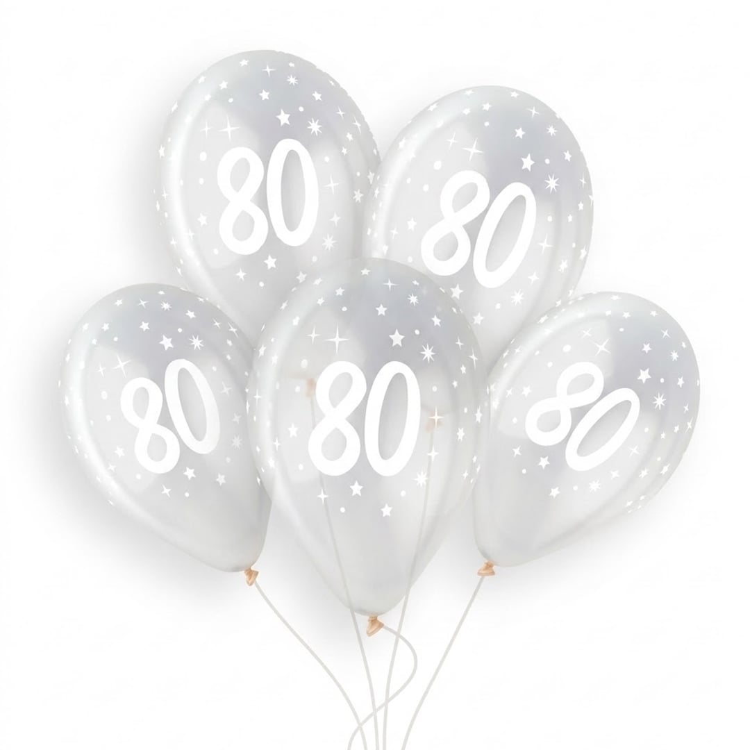 White 80th Birthday Print on Crystal Clear Latex Balloon 33cm / 13 in - Single View 3